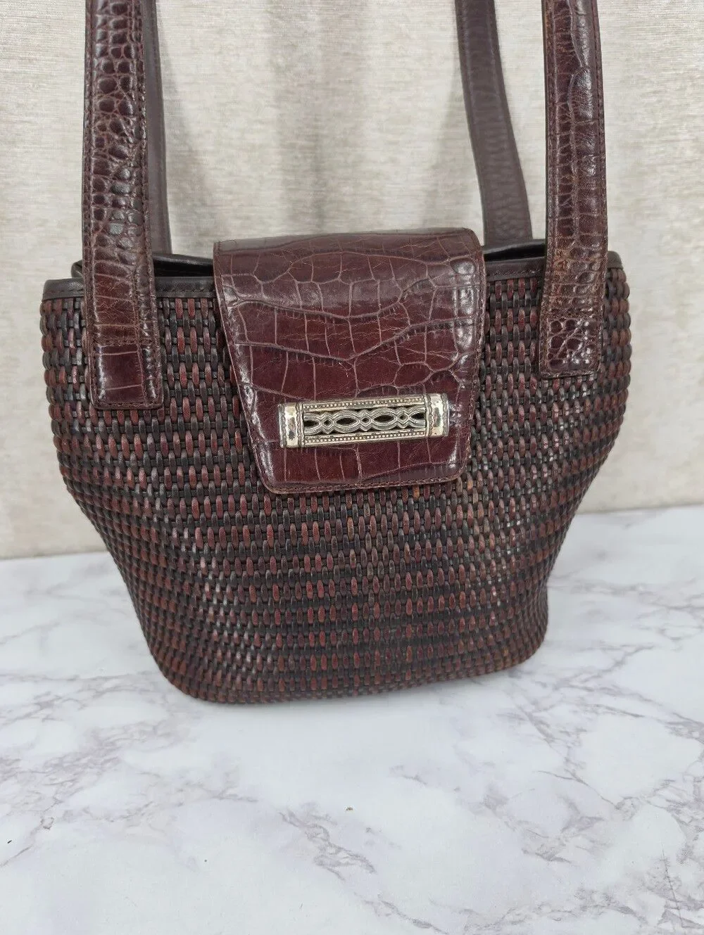 Brighton Vintage Leather Basket Weave Brown Croc-Accent Woven Tote Shoulder Bag